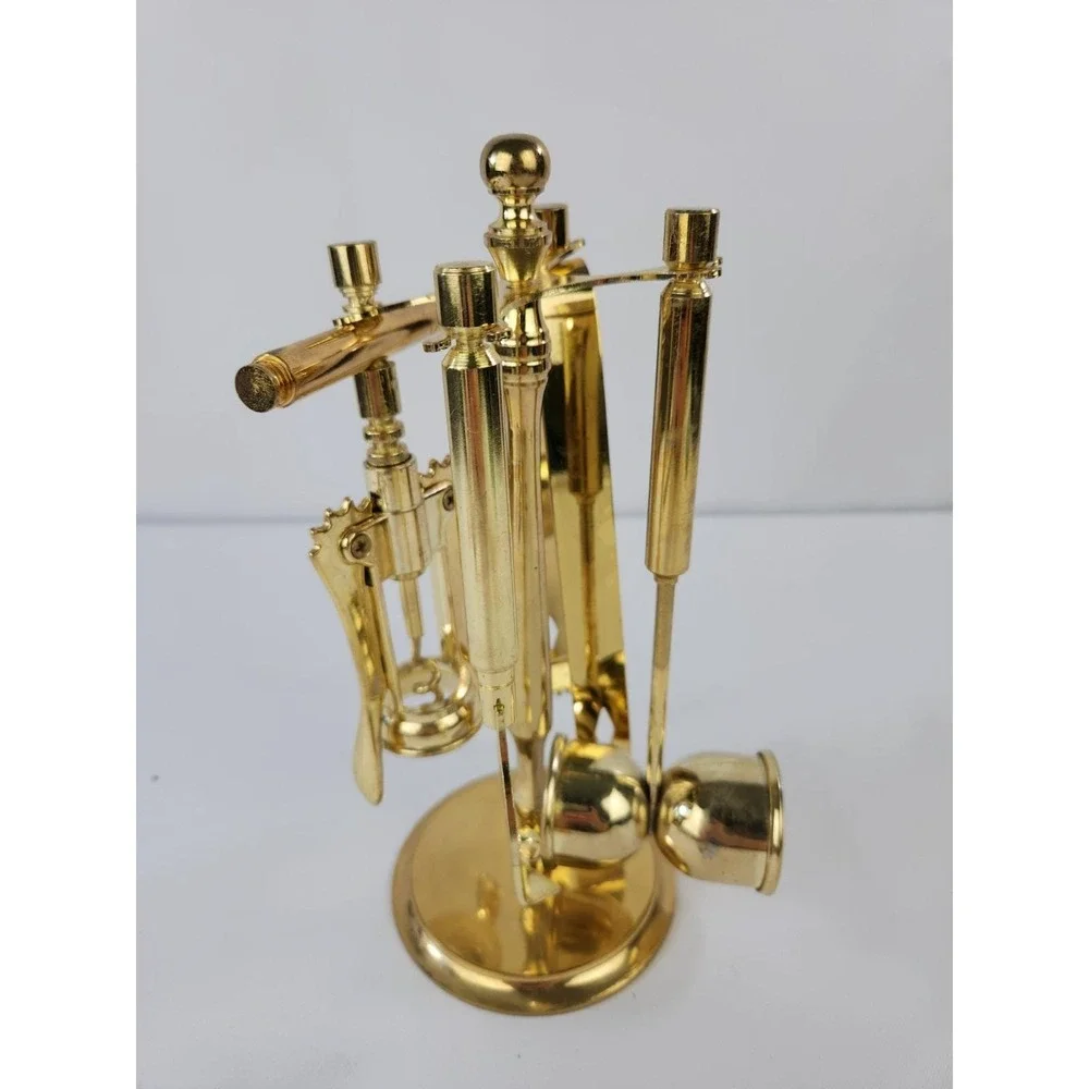 Vintage 5pc Brass Plated Bar Tool Set Stand Wine Opener Key Jigger Corkscrew MCM